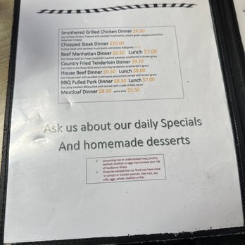 Union Station Cafe - Menu. - A menu page listing various lunch and dinner dishes, including prices and descriptions, with a train whistle graphic at the top. - Desserts Near Me - Dugger, Indiana