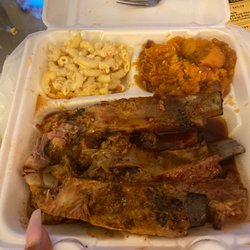 BBQ Town - Pork ribs Mac and yams. The Mac is more like wet noodles tho with NO cheese just runny wet noodles