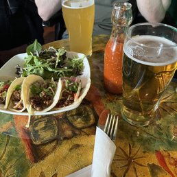 Fish tacos, Else's blonde lager (front), and IPA (back). Fish tacos, Else's blonde lager (front), and IPA (back).