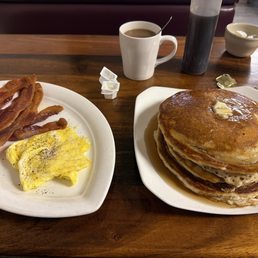 Pancakes, bacon and eggs.