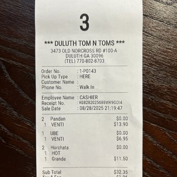 Tom N Toms Coffee Black - Adjusted receipt with the horchata correct price, not $23... - Coffee & Tea Near Me - Duluth, Georgia Tom N Toms Coffee Black - Adjusted receipt with the horchata correct price, not $23... - Coffee & Tea Near Me - Duluth, Georgia