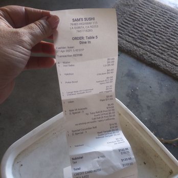 Sams Sushi - Sam's Sushi receipt. - Sushi Bars Near Me - La Quinta, California