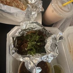 Elote, Horchata, Birria tacos with a side of consume