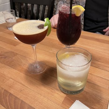 Wooden Bar - Drinks : Debby Don't (Left), Kalimotxo (Back), Pandan Rum punch (right) - Noodles Near Me - Worcester, Massachusetts