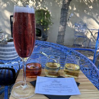 Ahmyo Wine Garden - Many options - wine tasting flight and a Kir Royale Mimosa - Wine Bars Near Me - Santa Fe, New Mexico