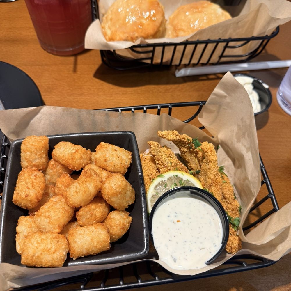 Roost & Tap Kitchen - How it arrives to the table! Catfish, biscuits, and New York sour - Southern Near Me - Conway, Arkansas
