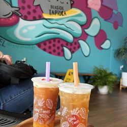Teaside Tapioca - Left: Passion Fruit Black Tea with passion fruit jelly. Right: Wintermelon Green Tea with lychee jelly