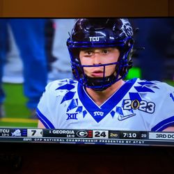 TCU - TCU quarterback Max Duggan in the College Football Playoff National Championship Game on January 9, 2023 vs Georgia. SoFi Stadium, LA. ESPN.