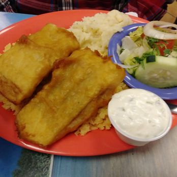 Senor Fish - Fried Pollack with rice, mashed potatoes, and side salad. - Mexican Near Me - El Paso, Texas