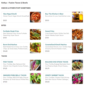 KoKyu - Food menu 1 of 8. Kimchi, bites (appetizers), tacos. - Barbeque Near Me - Durham, North Carolina KoKyu - Food menu 1 of 8. Kimchi, bites (appetizers), tacos. - Barbeque Near Me - Durham, North Carolina
