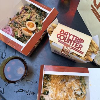 Daytrip Counter - the crispy spicy salad, the basil caesar salad, the caesar fries - Chicken Shop Near Me - Oakland, California