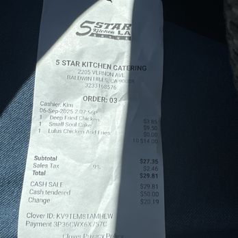 5 Star Kitchen - Receipt 9/6/25 - Tacos Near Me - Los Angeles, California