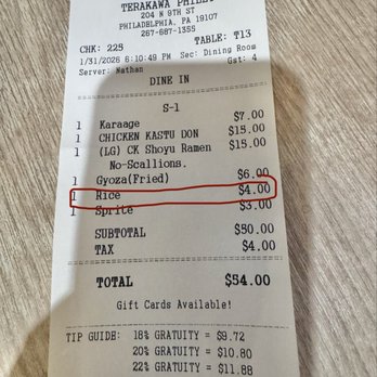 Terakawa Ramen - $4 for a small bowel of white rice for my four year old son! What a rip off! - Ramen Near Me - Philadelphia, Pennsylvania Terakawa Ramen - $4 for a small bowel of white rice for my four year old son! What a rip off! - Ramen Near Me - Philadelphia, Pennsylvania