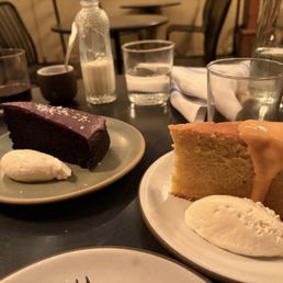 Chocolate olive oil cake with sea salt ($10), classic olive oil cake with passion fruit sauce ($10) Chocolate olive oil cake with sea salt ($10), classic olive oil cake with passion fruit sauce ($10)