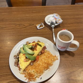Denny's - Savory Ultimate Omelette with Hash Browns, English Muffin(gluten free) and their daily coffee - Breakfast & Brunch Near Me - Las Vegas, Nevada Denny's - Savory Ultimate Omelette with Hash Browns, English Muffin(gluten free) and their daily coffee - Breakfast & Brunch Near Me - Las Vegas, Nevada