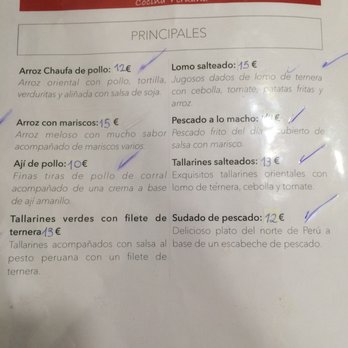 Jauja - Menu (google image works better than translate app) - Peruvian Near Me - Madrid, M