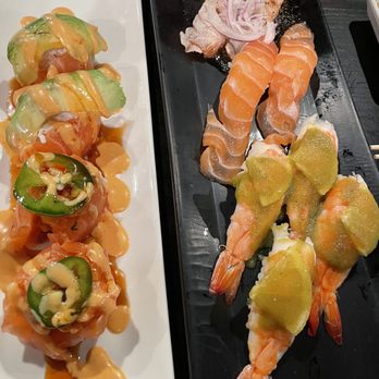 Sushi Okoku - Salmon Orange Blossom, Salmon Lover Roll (2 pieces each) Seared Salmon Sushi, Salmon Nigiri and Aguachile Nigiri - Sushi Bars Near Me - Riverside, California Sushi Okoku - Salmon Orange Blossom, Salmon Lover Roll (2 pieces each) Seared Salmon Sushi, Salmon Nigiri and Aguachile Nigiri - Sushi Bars Near Me - Riverside, California
