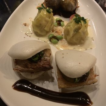 Lucky Belly - Top to bottom: oxtail dumplings, lobster shu Mai, and pork belly bao - Bars Near Me - Honolulu, Hawaii