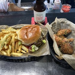 Stacy’s Bistro - Cheeseburger, fries, chicken wings.