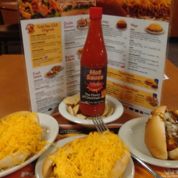 Gold Star - cheese coney, a chili cheese sandwich, & a coney with "A Taste of Cincinnati" hot sauce, nestled in a bowl of oyster crackers! - Fast Food Near Me - Walton, Kentucky Gold Star - cheese coney, a chili cheese sandwich, & a coney with "A Taste of Cincinnati" hot sauce, nestled in a bowl of oyster crackers! - Fast Food Near Me - Walton, Kentucky