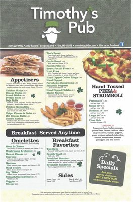 Menu photo 2 Timothy's Pub Flint, MI