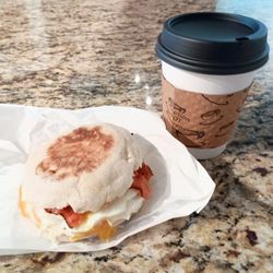 Egg, bacon and chee on English muffin. Nice, but next time I'll ask for extra toasted muffin.