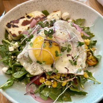 Bluestone Lane Logan Circle Café - Grilled Corn Summer Salad with fried egg and halloumi cheese add-ons - Coffee & Tea Near Me - Washington, DC, District of Columbia