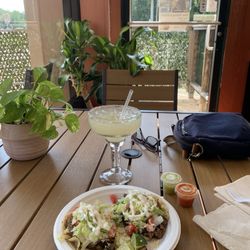 Two steak tacos, Tex-Mex style, house margarita