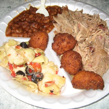 Duck Deli - Pulled Pork BBQ w/ Hushpuppies,Artichoke Salad, and Baked Beans - Delis Near Me - Duck, North Carolina