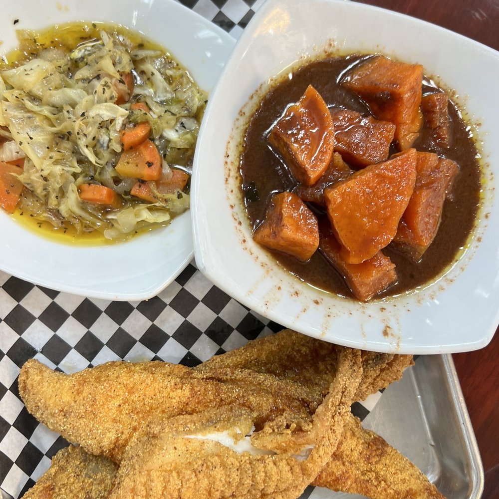 Southern Gourmet Kitchen - Fried fish, sweet potatoes and cabbage - Southern Near Me - Plano, Texas Southern Gourmet Kitchen - Fried fish, sweet potatoes and cabbage - Southern Near Me - Plano, Texas