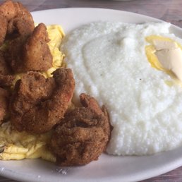 Fried Shrimp, eggs, grits and toast