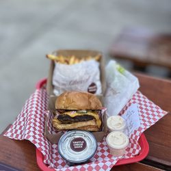 Small Cheval- Wicker Park - Double Cheeseburger: dijonnaise, onions & pickles + bacon, side of lettuce & tomato. Golden fries, truffle cheese sauce & garlic aioli