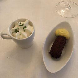Restaurant Fabuleux - Mushroom soup with parsnip foam and fried croquette.