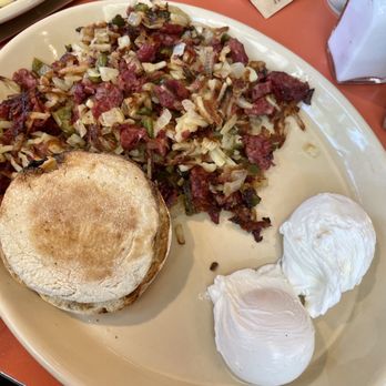 Snooze, an A.M. Eatery - Corn Beef Hash, English Muffin & Two Poached Eggs - Breakfast & Brunch Near Me - Denver, Colorado Snooze, an A.M. Eatery - Corn Beef Hash, English Muffin & Two Poached Eggs - Breakfast & Brunch Near Me - Denver, Colorado