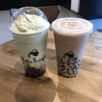 Hella Bubble - Matcha Red Bean Smoothie with Ice Cream and Hella Bubble Milk Tea with Pudding and Grass Jelly - Bubble Tea Near Me - Houston, Texas