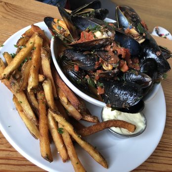 Brasserie Four - Mussels and Fries (Spicy Tomato Broth) - French Near Me - Walla Walla, Washington Brasserie Four - Mussels and Fries (Spicy Tomato Broth) - French Near Me - Walla Walla, Washington
