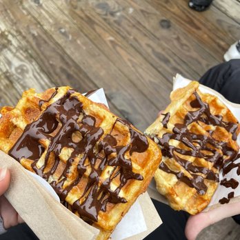 Waffle Cabin - two waffles with chocolate drizzle on them - Comfort Food Near Me - Snowshoe, West Virginia Waffle Cabin - two waffles with chocolate drizzle on them - Comfort Food Near Me - Snowshoe, West Virginia