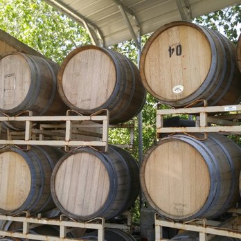 BobDog Winery - barrels stacked on pallets - Wineries Near Me - Cloverdale, California