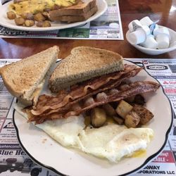 Milford Diner - Philly omelette  Over easy eggs, bacon & home fries.