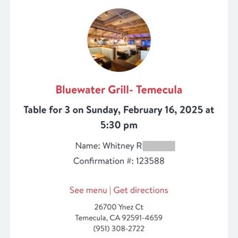 Bluewater Grill - Temecula - Reservation confirmation - Seafood Near Me - Temecula, California