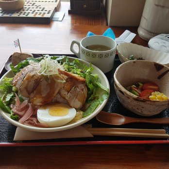 Yama Cafe - Very Belly Pork Teri lunch combo with salad and miso! 11.50 bucks - Cafes Near Me - Vancouver, British Columbia