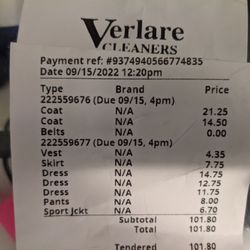 Verlare Cleaners - Prices for various items. The expensive coat was a long heavy down coat and the cheaper one was a standard pea coat