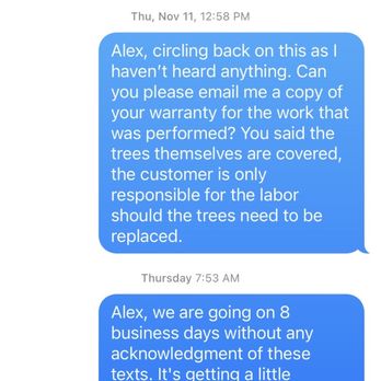 Alex's Lawnscape - More unreturned texts re: the warranty - Landscaping Near Me - Charlotte, North Carolina