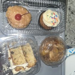 Cake Swirl - Small peach cobbler, Italian cream cake slice, pineapple right side up cupcake, vanilla cupcake