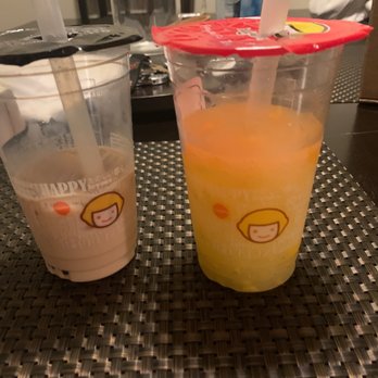 Happy Lemon - Left : boba milk tea  right: mango lemony slushy - Coffee & Tea Near Me - Fresno, California
