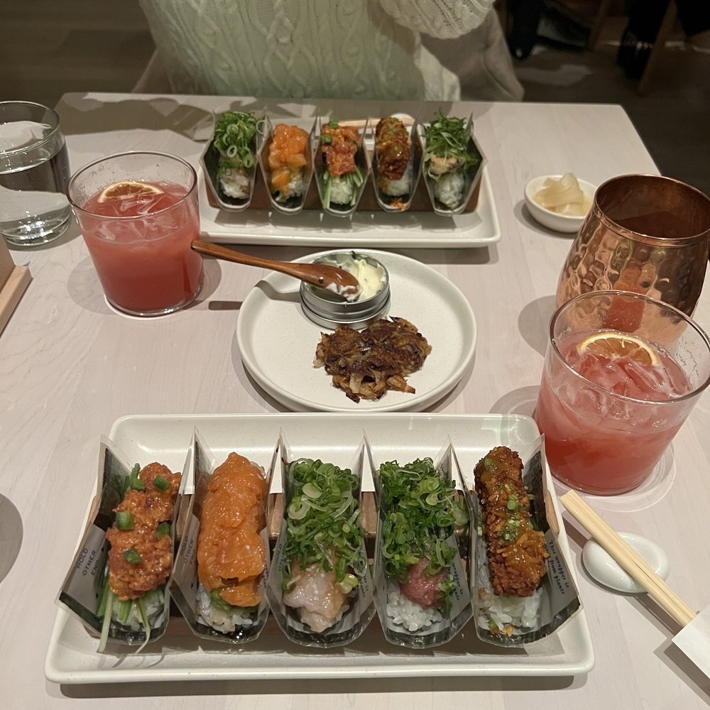 Nami Nori - Far Left is Spicy tuna, Spicy Salmon, Yellowtail, Taro, then far right is coconut shrimp tempura - Sushi Bars Near Me - Montclair, New Jersey Nami Nori - Far Left is Spicy tuna, Spicy Salmon, Yellowtail, Taro, then far right is coconut shrimp tempura - Sushi Bars Near Me - Montclair, New Jersey