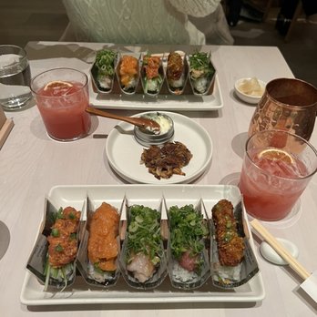 Nami Nori - Far Left is Spicy tuna, Spicy Salmon, Yellowtail, Taro, then far right is coconut shrimp tempura - Sushi Bars Near Me - Montclair, New Jersey Nami Nori - Far Left is Spicy tuna, Spicy Salmon, Yellowtail, Taro, then far right is coconut shrimp tempura - Sushi Bars Near Me - Montclair, New Jersey