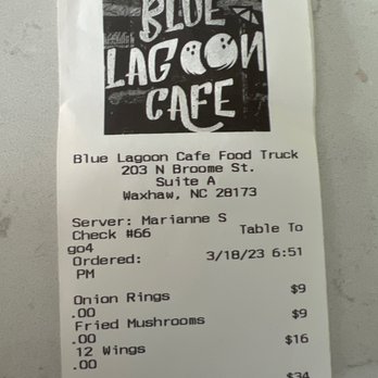 Blue Lagoon Cafe - Receipt - Burgers Near Me - Waxhaw, North Carolina Blue Lagoon Cafe - Receipt - Burgers Near Me - Waxhaw, North Carolina