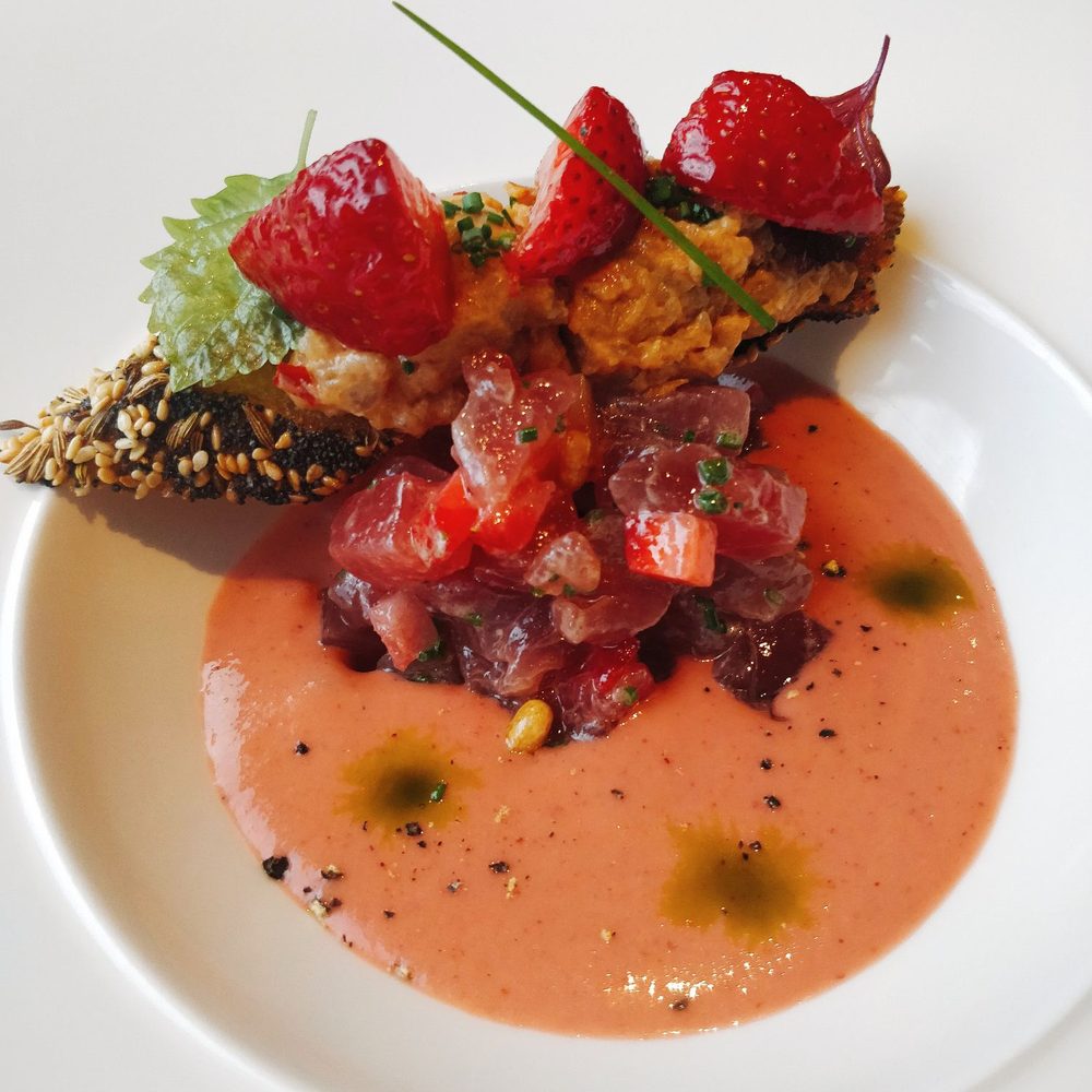 iconiq - Spicy tuna with pretty pink strawberry gazpacho. Its tastes as pretty as it looks! - French Near Me - Seattle, Washington
