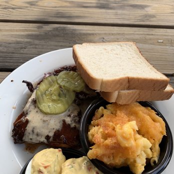 Saw's BBQ Leeds  - Three Thigh Plate w/2 sides: Deviled eggs and Mac n Cheese(2 thighs are hiding under pickles and bread) - Barbeque Near Me - Leeds, Alabama